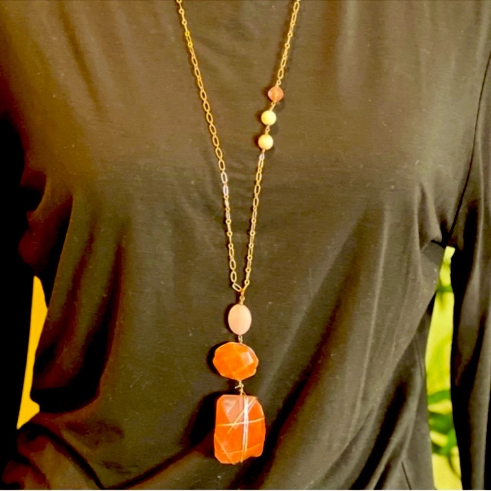 Free People Boho Rose gold and pink gem stone pendant necklace
